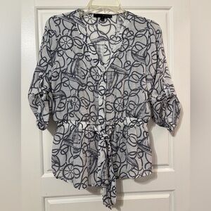 Harve Benard Nautical-Print Tie-Waist Blouse, White with blue-gray design.